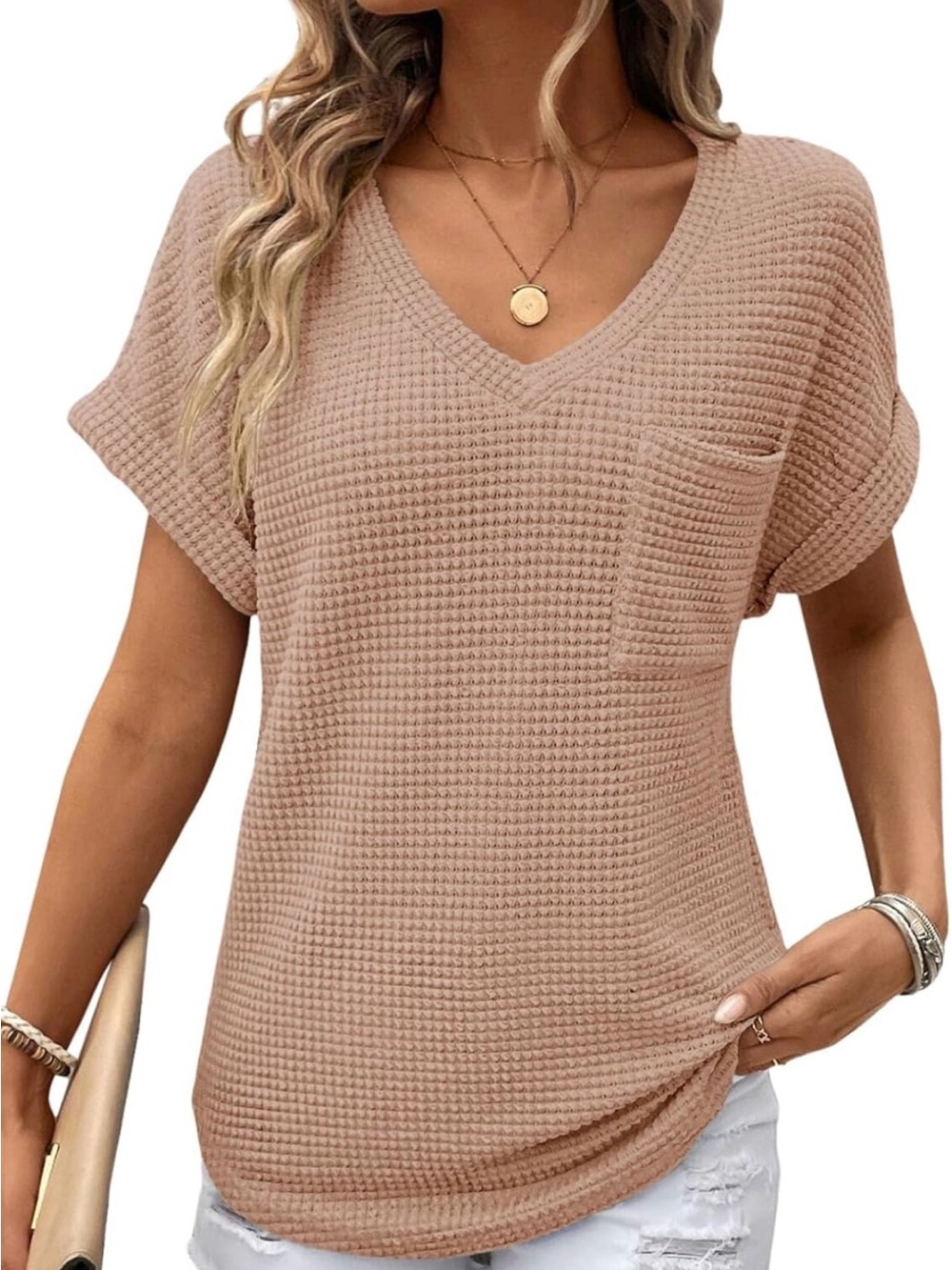 Dokotoo Waffle Knit Top Small Beige V Neck Short Sleeve Pocket Casual Tee